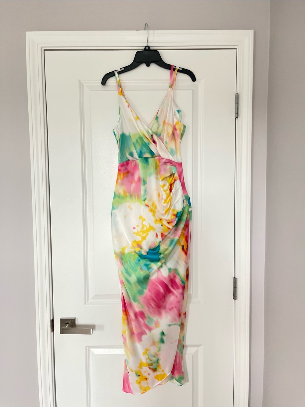 Zara Satin Multi Watercolor Midi Crossover V-Neck Ruched Draped Dress - S